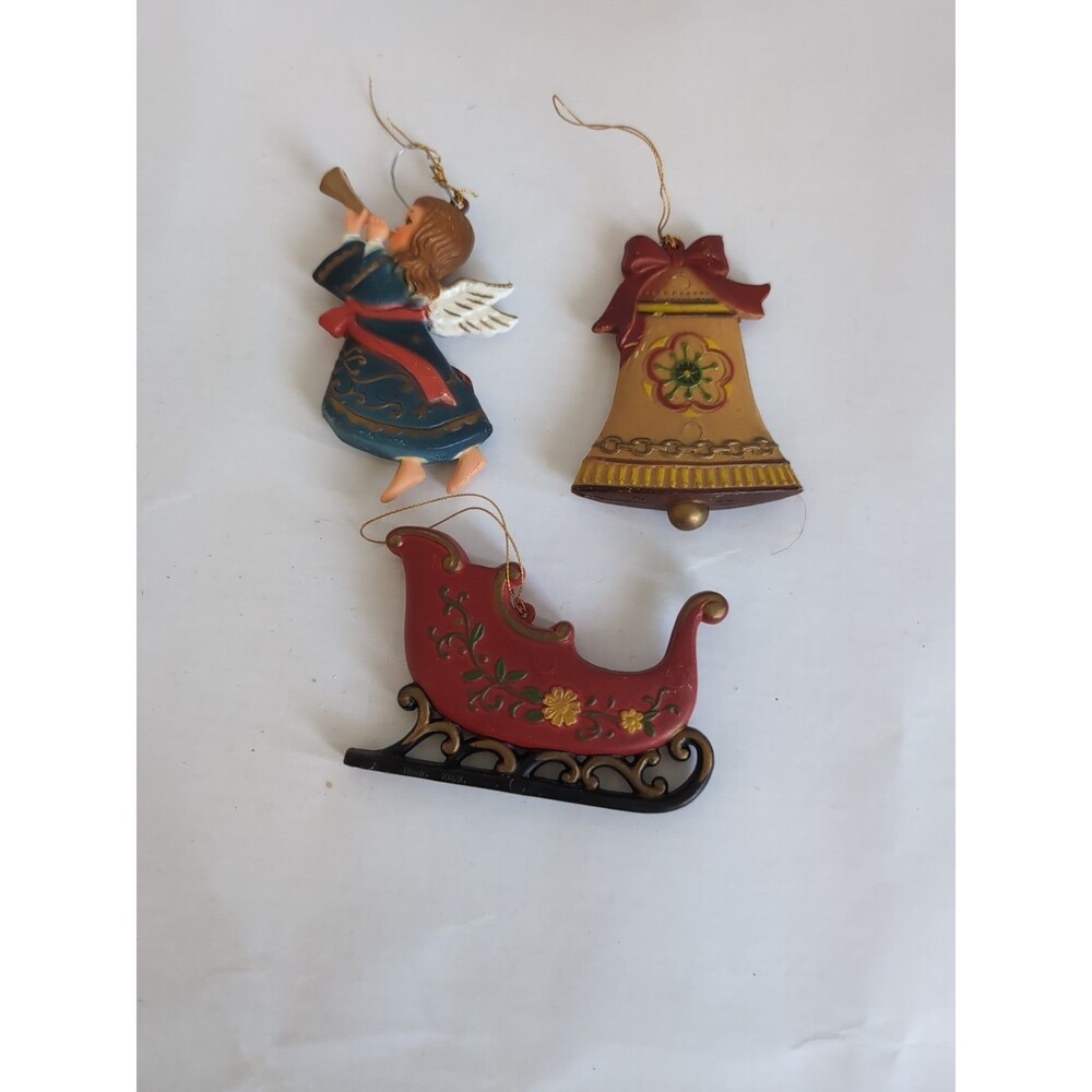 Vtg Christmas Tree Ornaments Angel Bell Sled Hong Kong Hard Plastic MCM 3